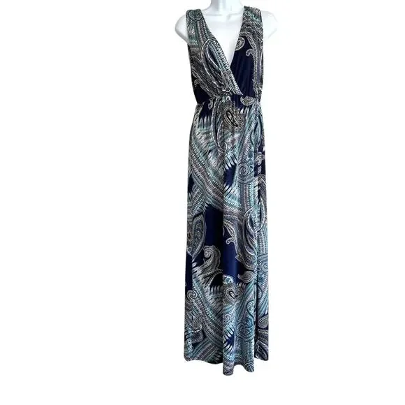 Renee C Wynne Knit Maxi Dress Blue Paisley Womens Medium Vacation Resortwear - Picture 1 of 6